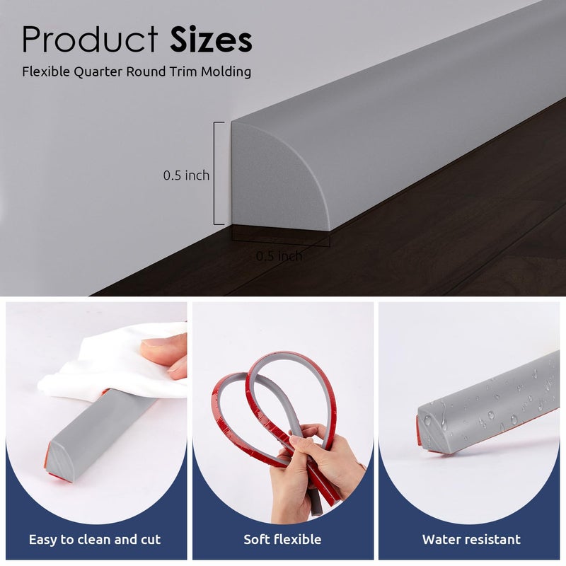 PATTENGO Flexible Quarter Round Molding, 118 Inch Peel and Stick Rubber Quarter Round Trim Molding with Self Adhesive, Waterproof Bendable Molding Trim for Wall Edge Corner ,Staircase Cabinet Edge ,Grey - Image 4
